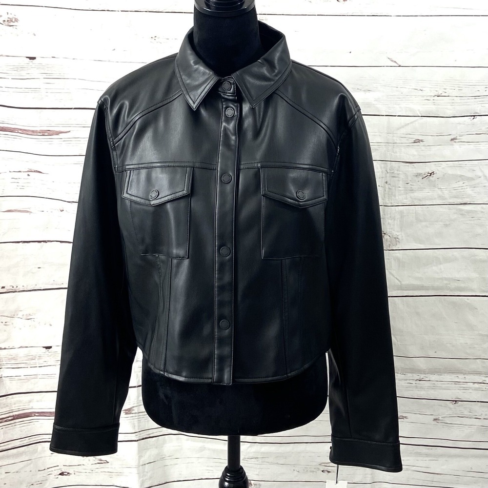 Calvin Klein Jacket Women's Size L Black Cropped Faux Leather Button Up